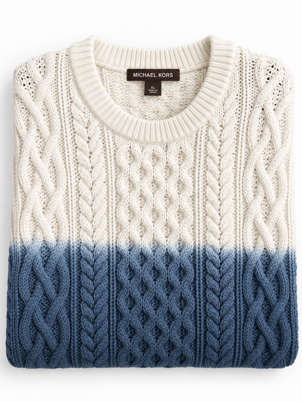 Michael Kors Two-Tone Cream and Blue Cable-Knit Crewneck Sweater